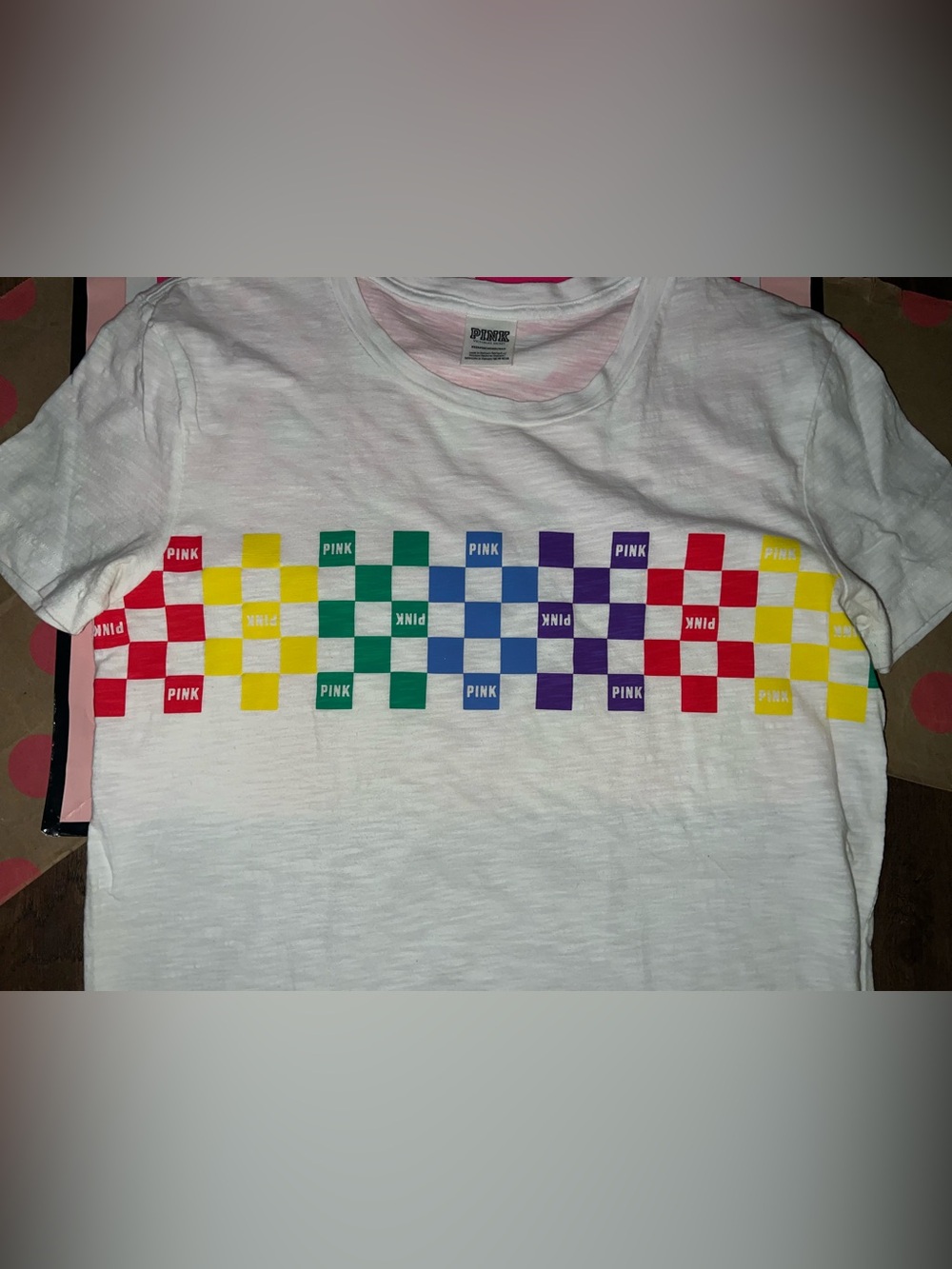 VS PINK Size XS Rainbow Checkered Logo Campus Tee. - Picture 3 of 6